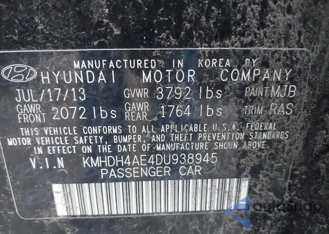 2013 Hyundai Elantra Gls z USA, uszkodzony, nr VIN KMHDH4AE4DU938945